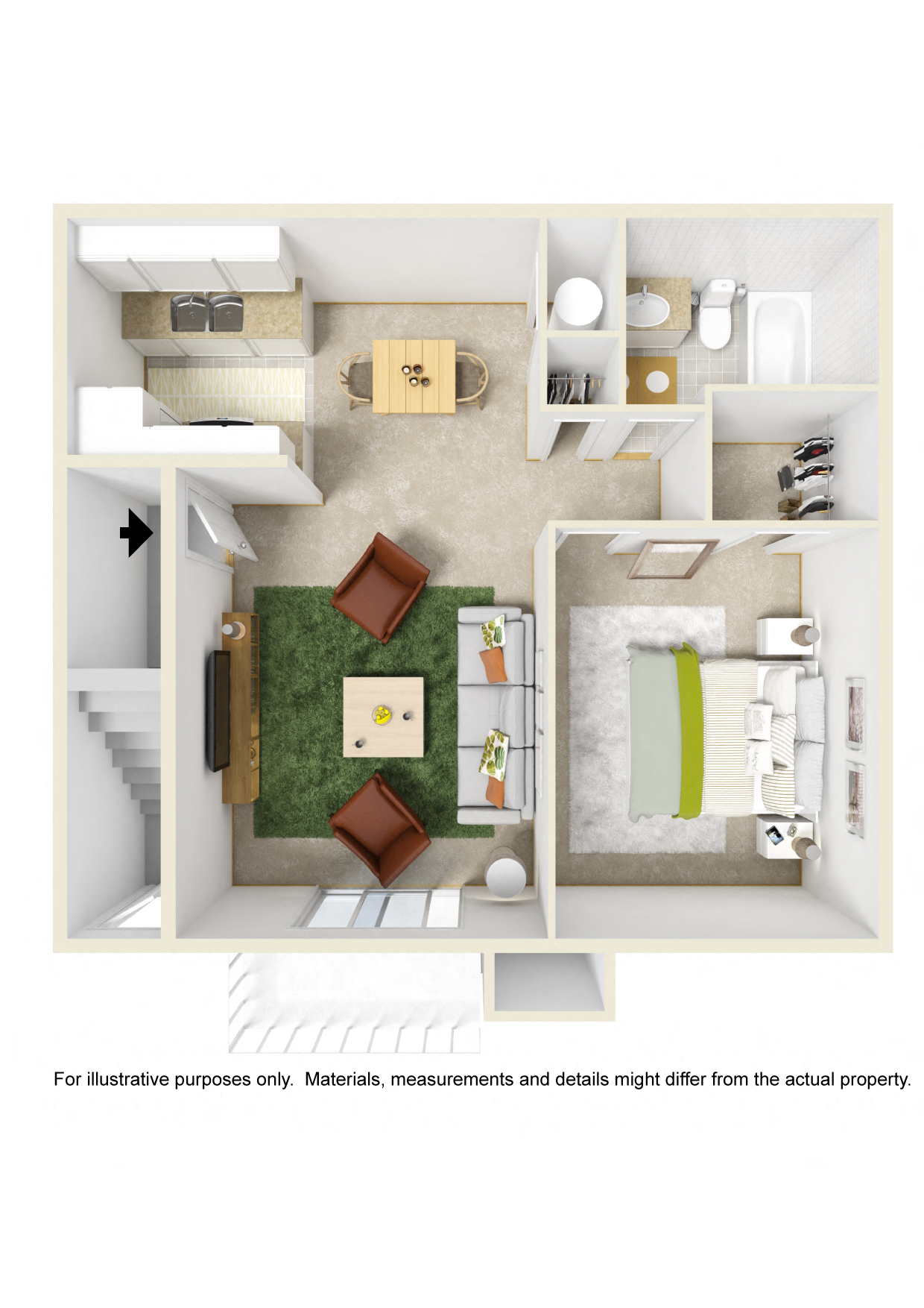 Floor plan for 1 bed, 1 bath, 725 sqft